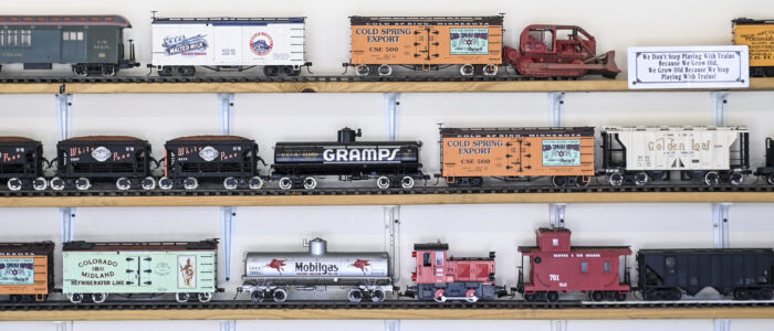 Barb and Mark Brown have a collection of trains that ride in their garden railroad.