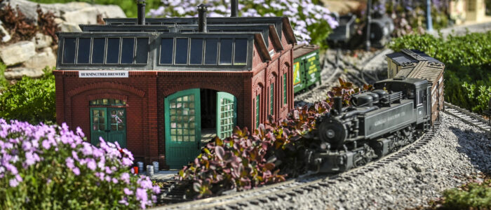 A train passes by the Burningtree Brewery in Barb and Mark Brown’s garden railroad.
