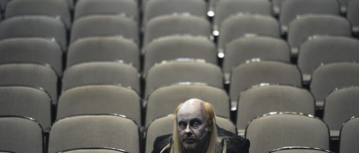 Phil Parker as Riff Raff waits for a rehearsal of "Rocky Horror Picture Show" at the Princess Theatre in 2015.