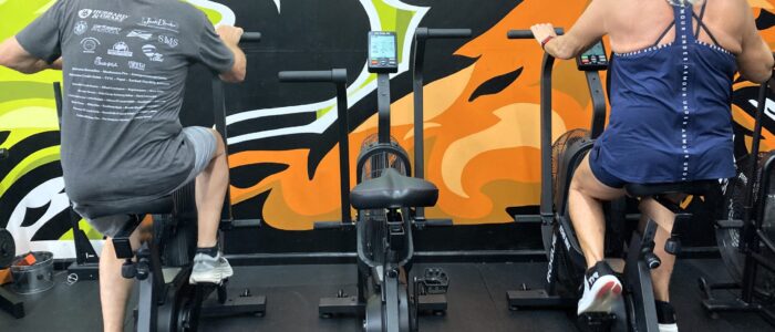 Carlos Gomez works out on an elliptical.